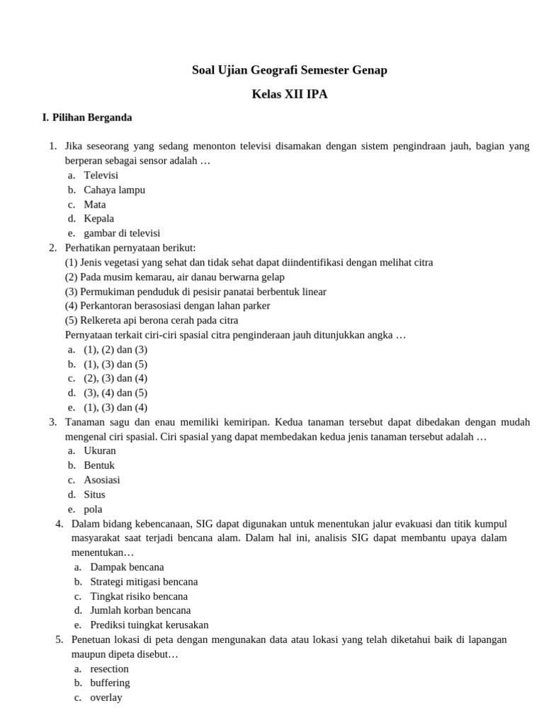 Soal Ujian Geografi Kelas XII IPA PDF Soal Ujian Geografi Kelas XII IPA PDF