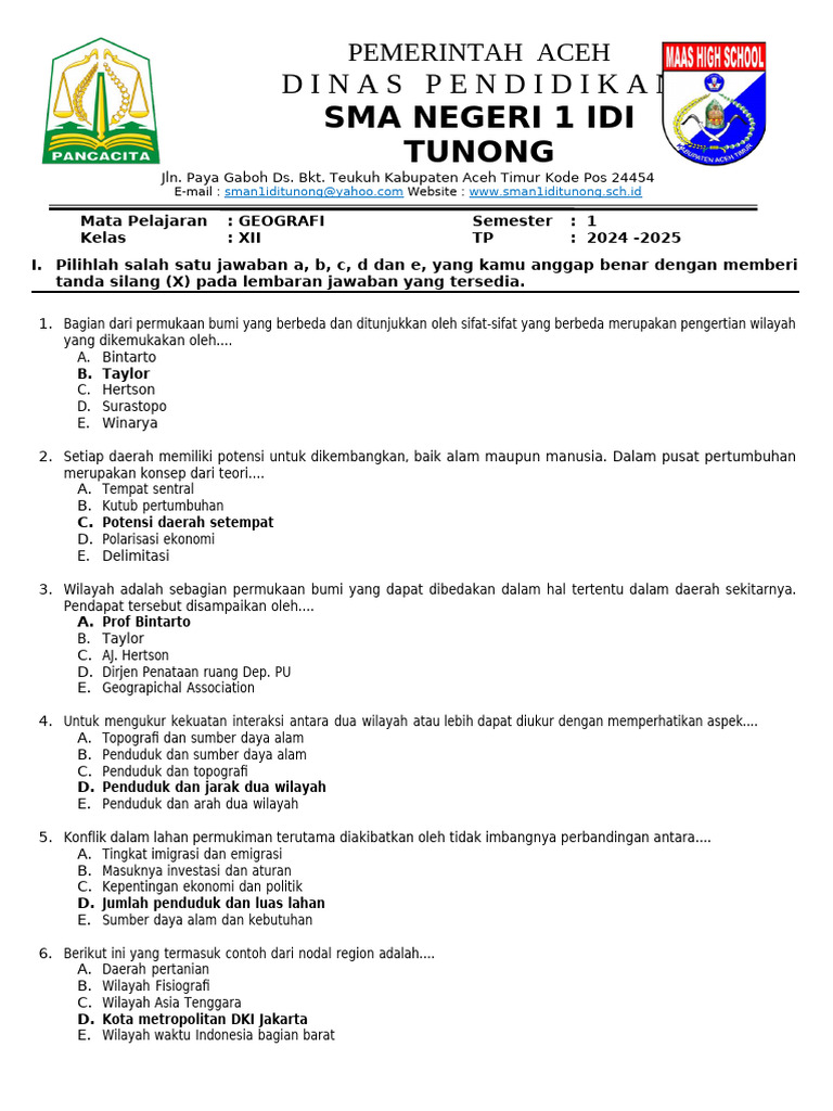 Soal Ujian Geografi Kelas XII Aceh PDF Soal Ujian Geografi Kelas XII Aceh PDF