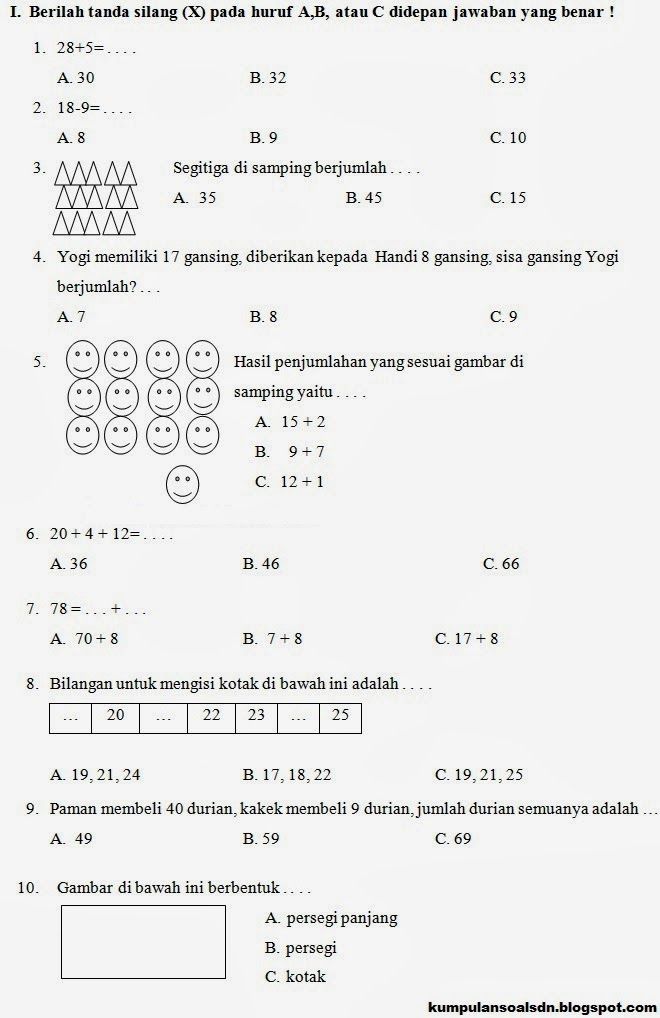 Prediksi Matematika Kelas 1 SD UKK Semester 2 TA 2013 2014