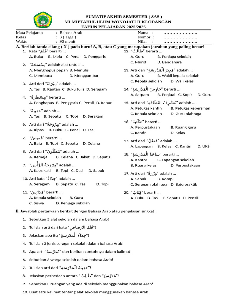 Bocoran Soal Bahasa Arab Kelas 3 MI Semester 2 KKGMI Ternyata Sangat Penting Bocoran Soal Bahasa Arab Kelas 3 MI Semester 2 KKGMI Ternyata Sangat Penting