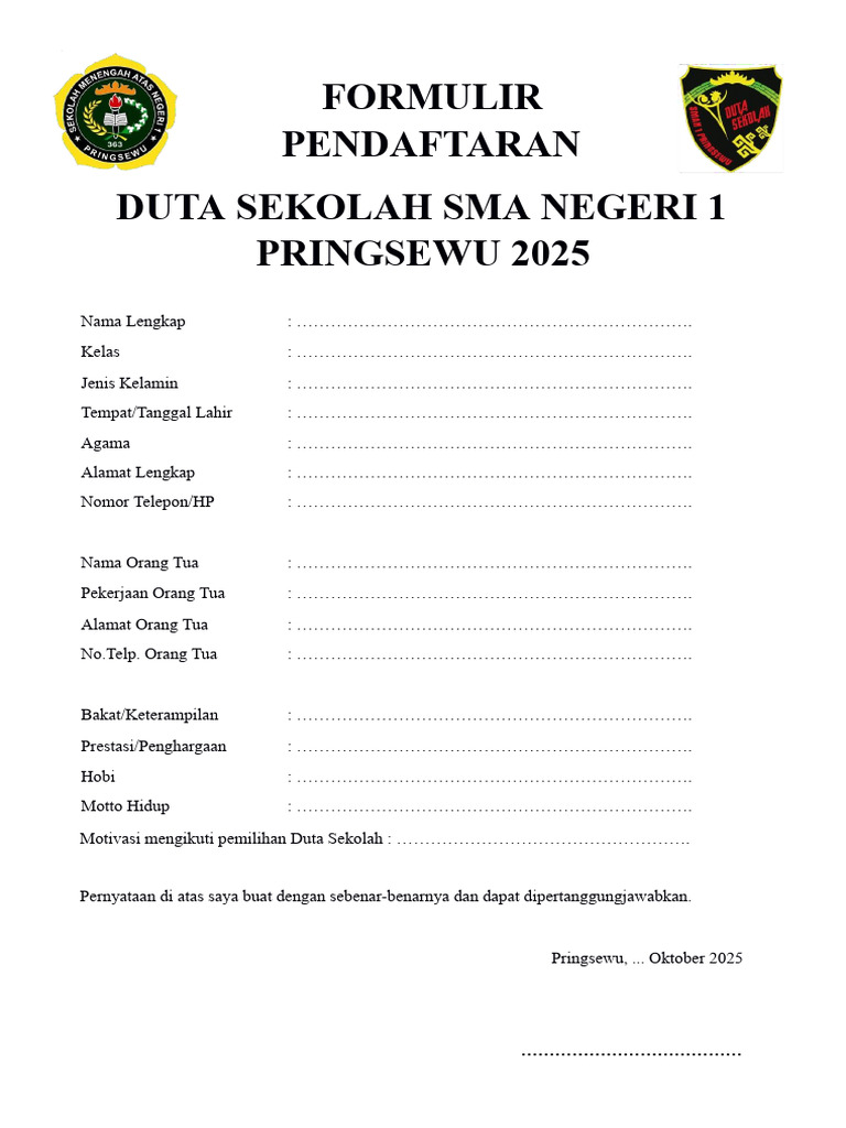 Formulir Pendaftaran Duta Sekolah 2025 PDF