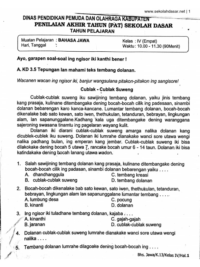 Rahasia Lulus Nilai Sempurna Soal PTS 2 Bahasa Jawa Kelas 4 Semester 2 K13 Terbaru Rahasia Lulus Nilai Sempurna Soal PTS 2 Bahasa Jawa Kelas 4 Semester 2 K13 Terbaru
