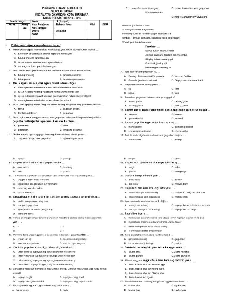 Rahasia Nilai Sempurna Bocoran Soal PTS 1 Bahasa Jawa Kelas 4 K13 Wajib Tahu Rahasia Nilai Sempurna Bocoran Soal PTS 1 Bahasa Jawa Kelas 4 K13 Wajib Tahu