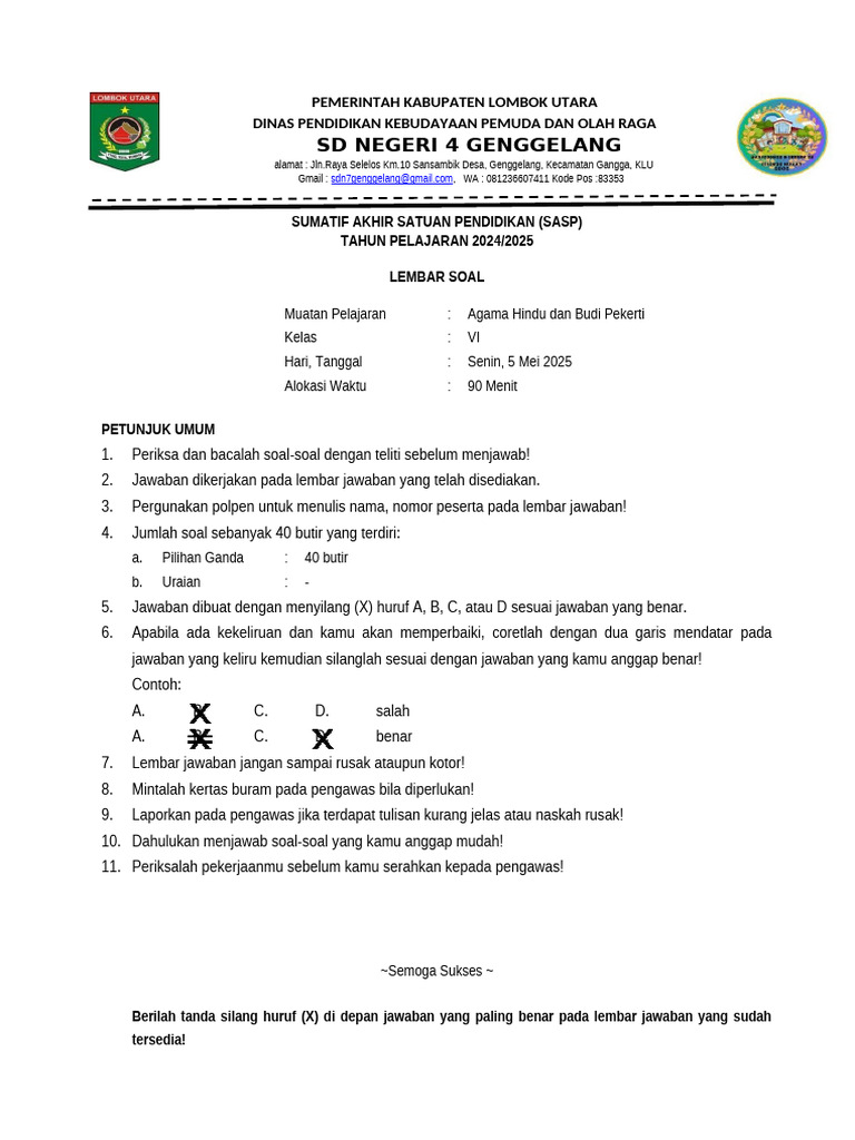 Soal Ujian Agama Hindu Kelas VI 2025 PDF
