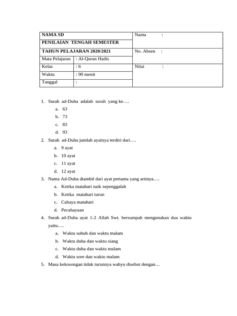 Ternyata Banyak yang Salah, Ini 5 Soal Ujian Sekolah Alquran Hadis Kelas 6 yang Sering Mengecoh