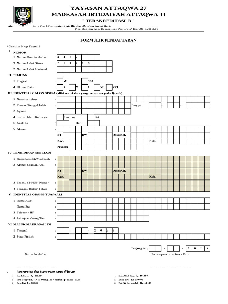 Formulir Pendaftaran Madrasah Attaqwa PDF