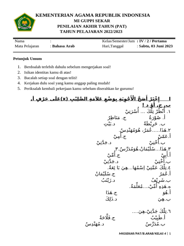 Ternyata Ini Bocoran Soal Bahasa Arab Kelas 4 Semester 2 MI Paling Akurat Tahun Ini Ternyata Ini Bocoran Soal Bahasa Arab Kelas 4 Semester 2 MI Paling Akurat Tahun Ini