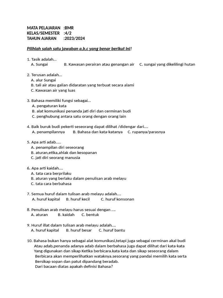 Soal BMR Kelas 4 Semester 2 PDF
