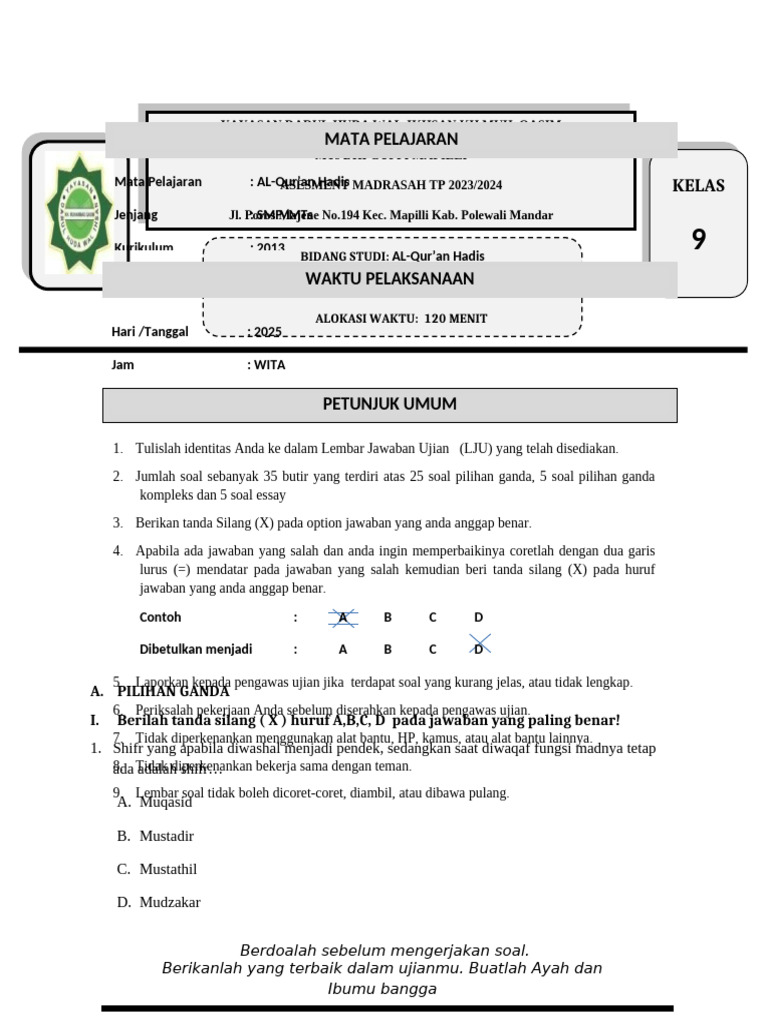 Soal Ujian Al-Qur an Hadis Kelas 9 PDF
